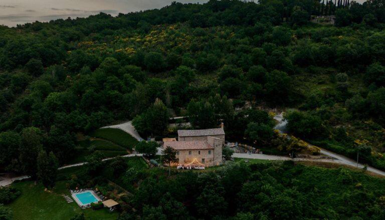 Drone view of Nikis Resort in the wooded hills of Umbria, Gaetano Di Giacomo Media Production