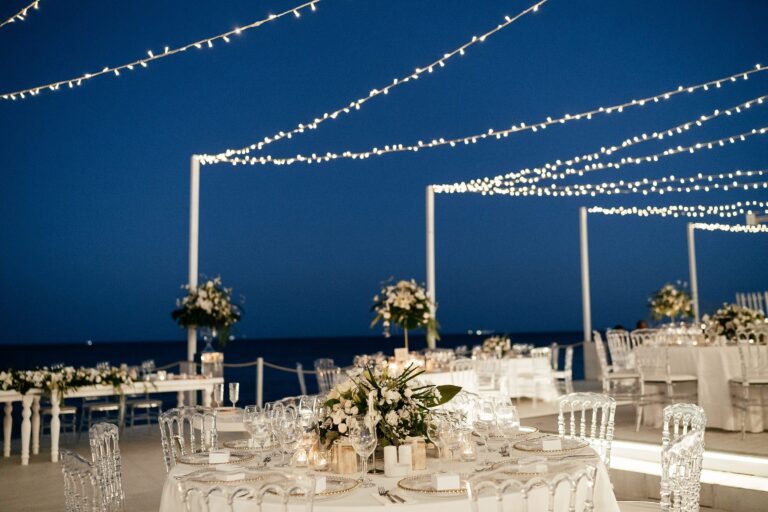 The deck at night under the canopy of lights beside the sea, Galu Seaside