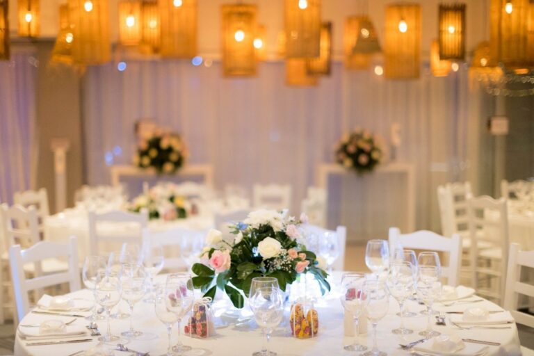 Indoor reception with woven lanterns overhead, Galu Seaside