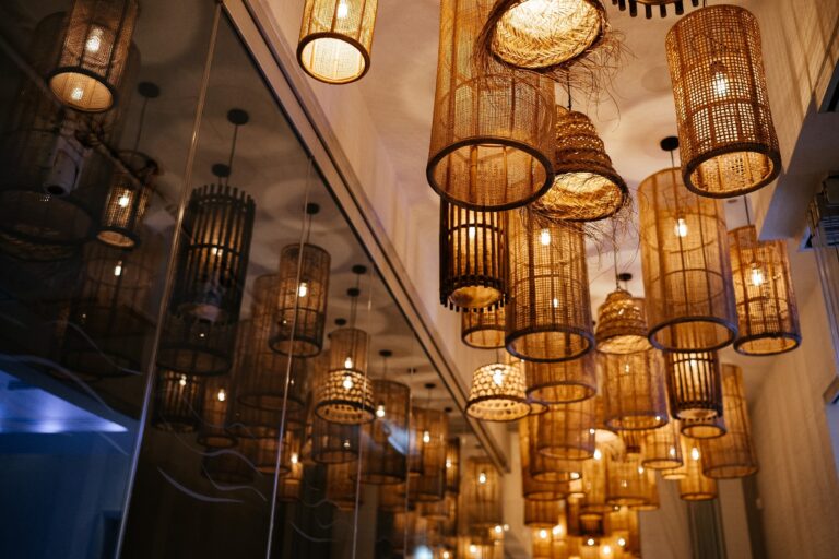 Woven lanterns lit above the indoor space, Galu Seaside