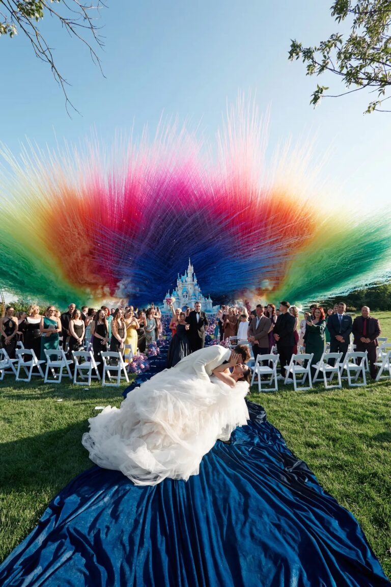 Bride and guests beneath a rainbow floral installation on a blue aisle, Geta Ungurean Agency