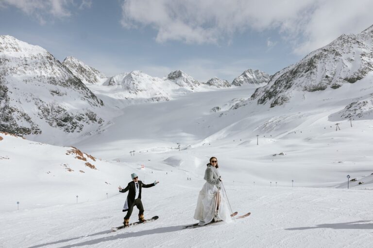 Couple on skis on the Pitztal Glacier, Tyrol, after a ceremony at 3,440 metres, Getting Married In Austria