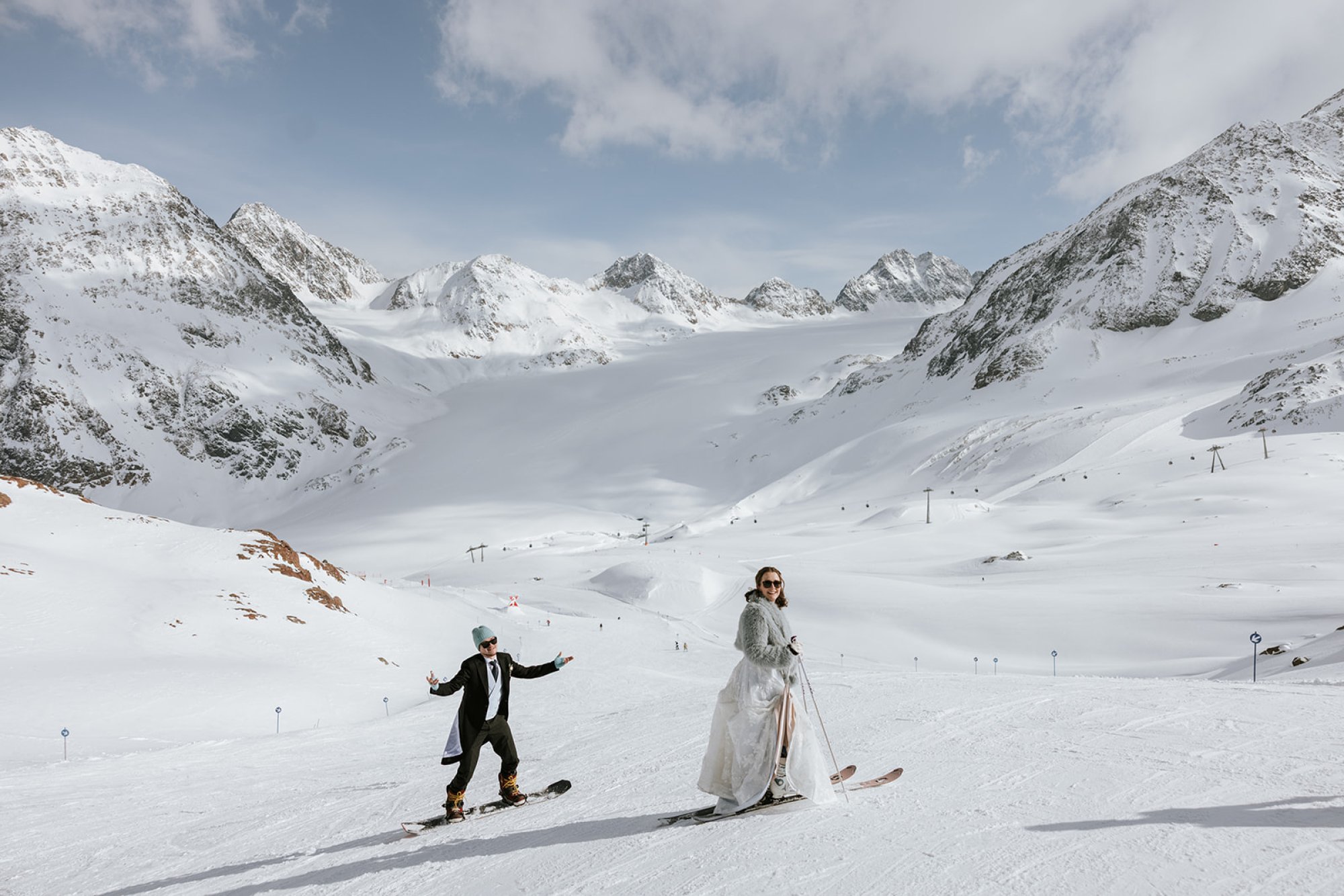 Couple on skis on the Pitztal Glacier, Tyrol, after a ceremony at 3,440 metres, Getting Married In Austria