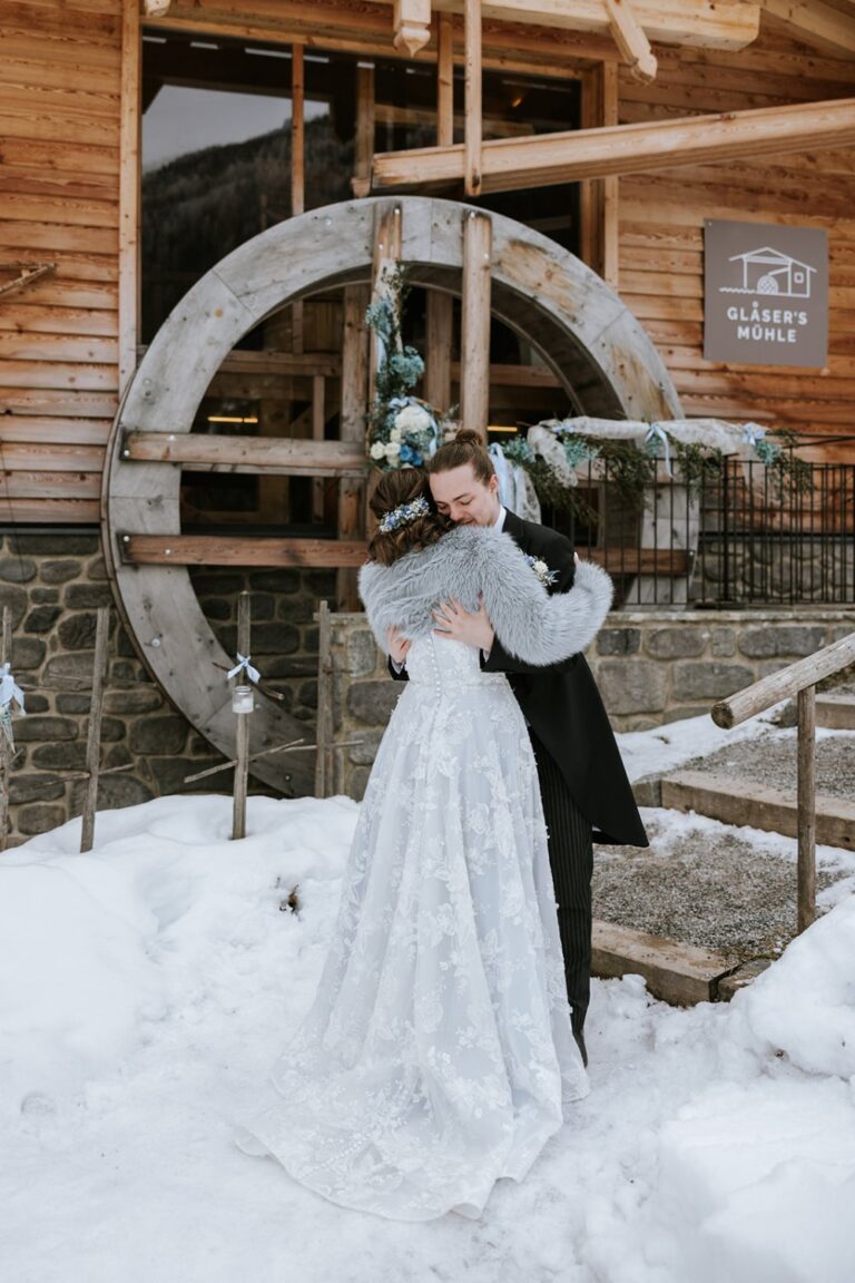 First look in the snow outside Glasers Mühle, Pitztal, Tyrol, Getting Married In Austria