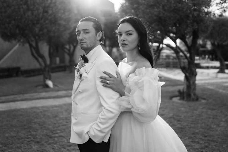 A black and white portrait of a couple among the olive trees at Le Palais Paysan, Marrakech, Giandomenico Cosentino Photography