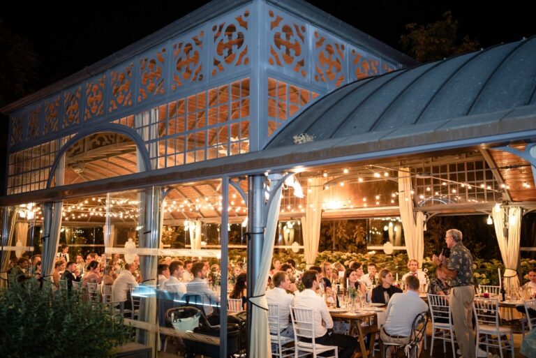 Dinner by night in the lantern-lit glass pavilion at Hotel Villa Beccaris, Piedmont, Giandomenico Cosentino Photography