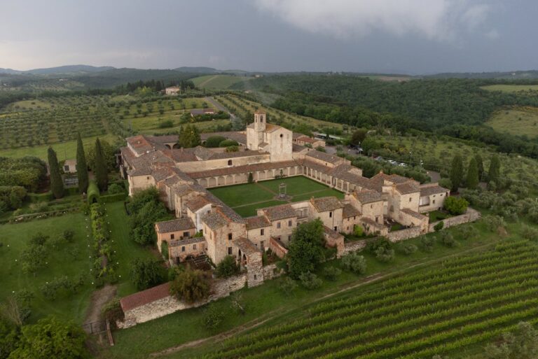 An aerial view of La Certosa di Pontignano among vineyards and olive groves near Siena, Giandomenico Cosentino Photography