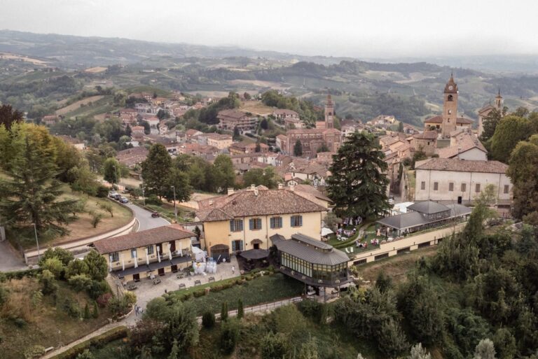 An aerial view over Hotel Villa Beccaris and the hill town around it in Piedmont, Giandomenico Cosentino Photography