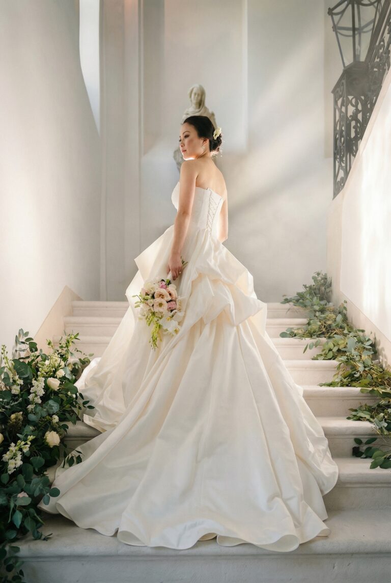 A bride in a full gown on a white staircase, from a wedding in Slovakia, Giuliano Bausano