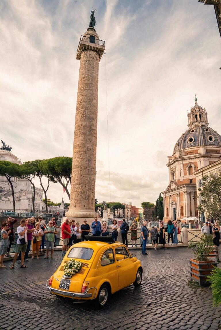 A yellow Fiat 500 wedding car beside Trajan's Column, Rome, Giuliano Bausano