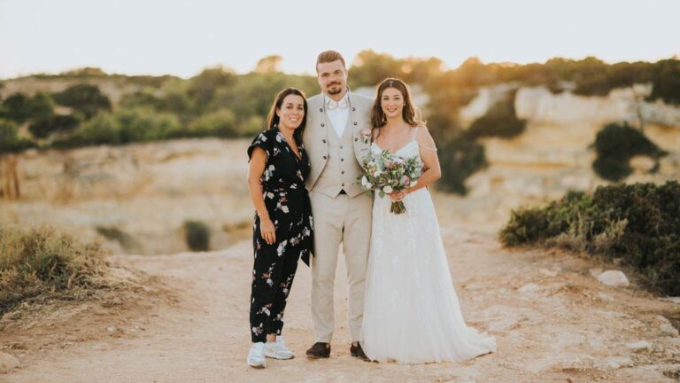 Couple and planner on a sandy cliff-top path at golden hour, Glamour Algarve Weddings