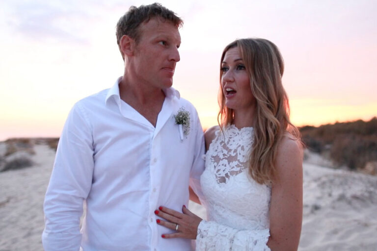 Couple on the dunes at sunset, Glamour Algarve Weddings