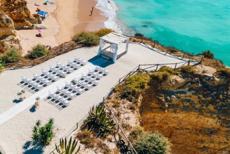 Aerial view of a clifftop ceremony set-up above the beach, Vau, Go2Wonderland