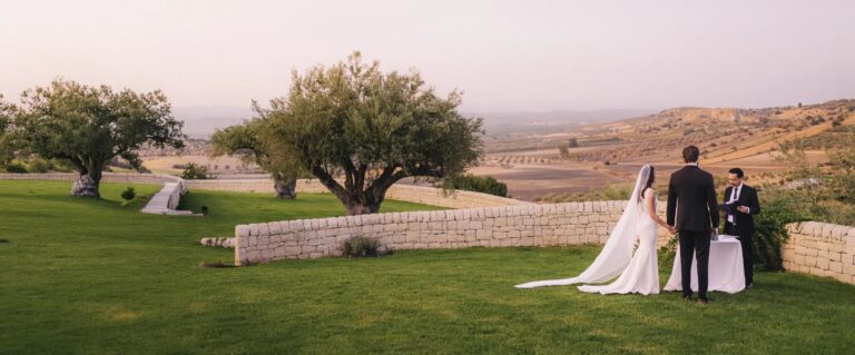 Ally and Parker's elopement ceremony among olive trees above the countryside near Noto, Sicily, Gordon Wedding Films
