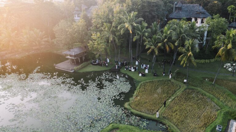 Aerial view of the ceremony setting beside the lotus ponds and rice fields, Four Seasons Chiang Mai, Thailand, Gordon Wedding Films