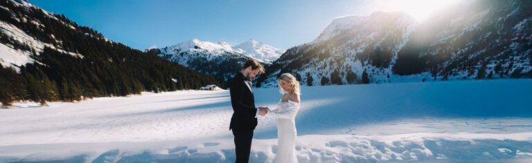 A couple exchanging vows in the snow, Méribel, French Alps, Gordon Wedding Films