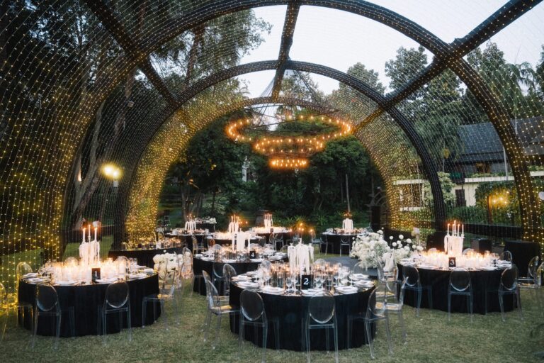 Val and Lyle's evening reception under a canopy of lights, Four Seasons Chiang Mai, Thailand, Gordon Wedding Films