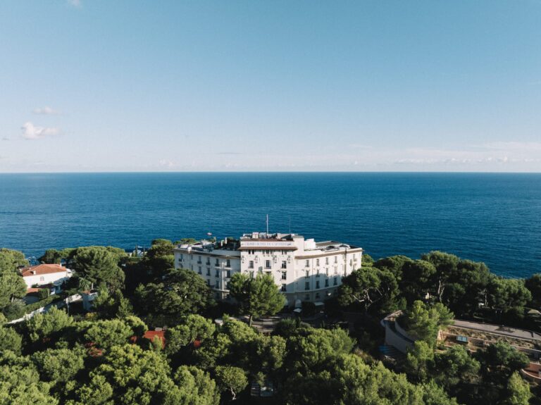 Aerial view of the Grand-Hôtel du Cap-Ferrat above the Mediterranean, French Riviera, Gordon Wedding Films