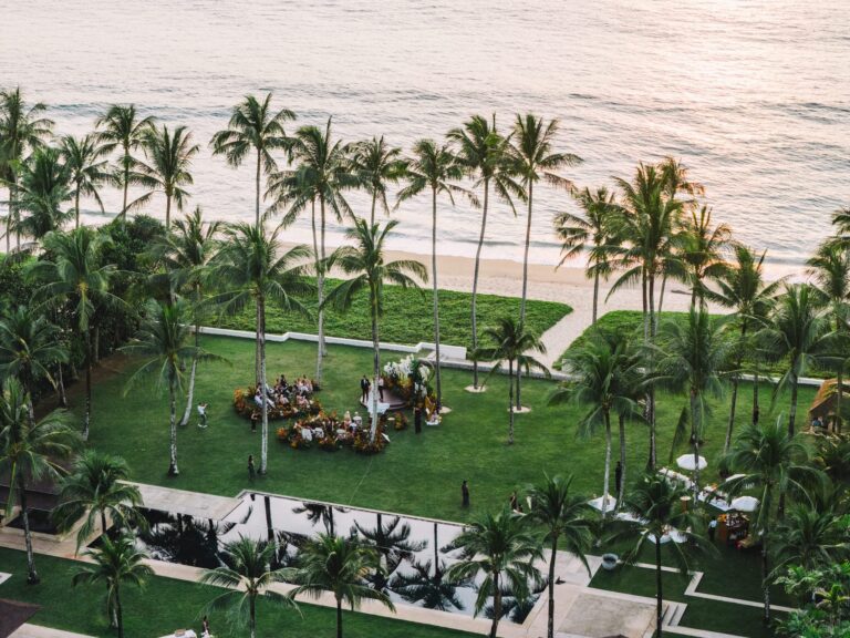 Aerial view of the beachfront lawn set for the ceremony, Villa Jia Jivana, Phuket, Thailand, Gordon Wedding Films