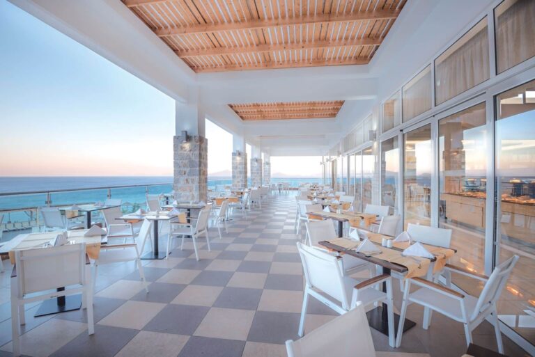 The restaurant veranda above the sea, Grand Blue Kos Hotel