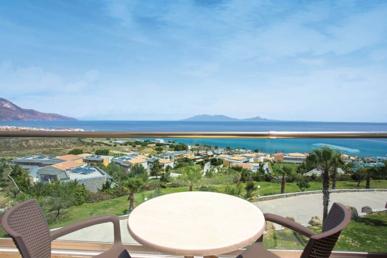 A room balcony looking across the gardens to the sea, Grand Blue Kos Hotel