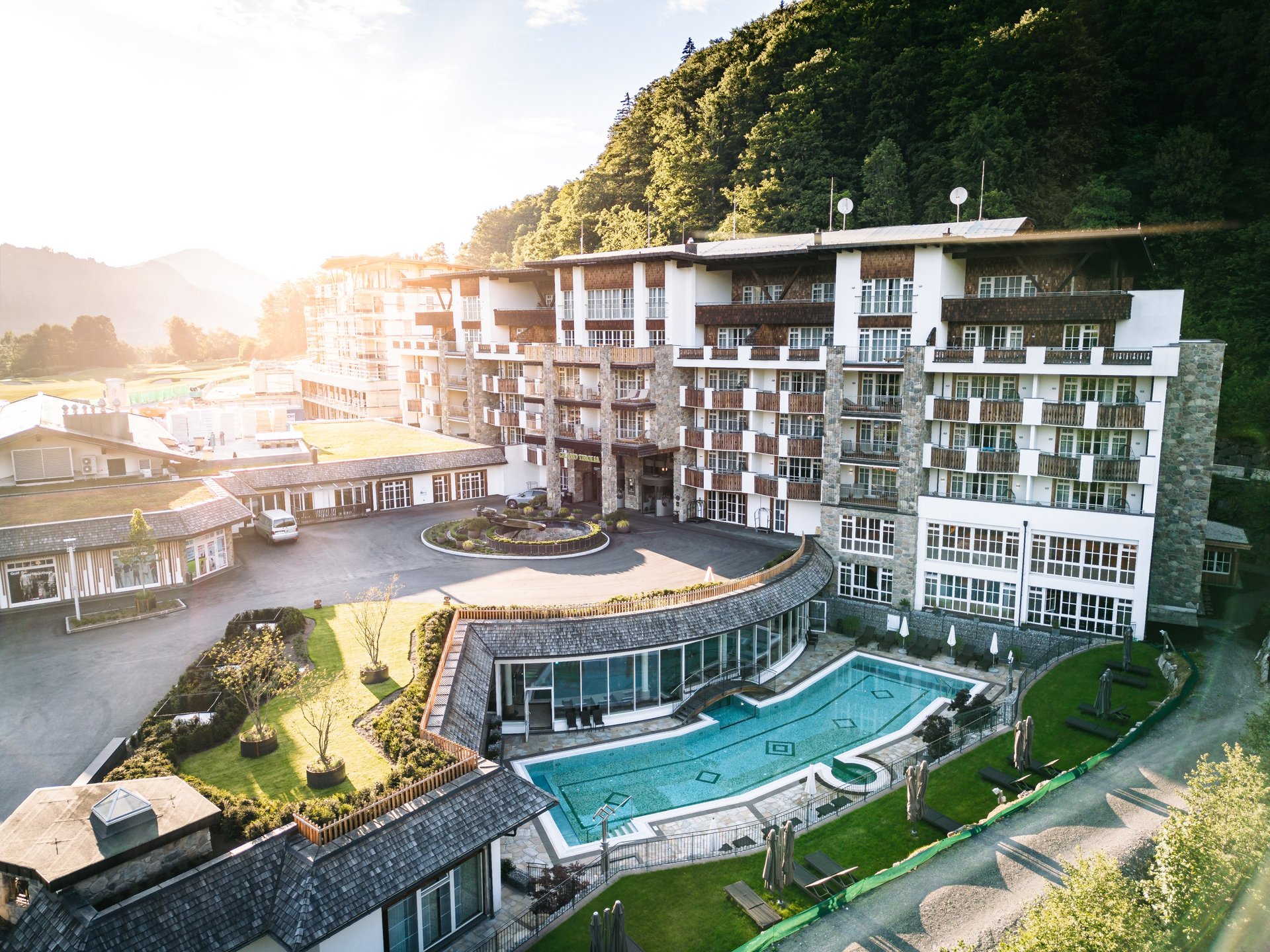 Aerial view of the resort and its spa pool, Grand Tirolia Kitzbuhel