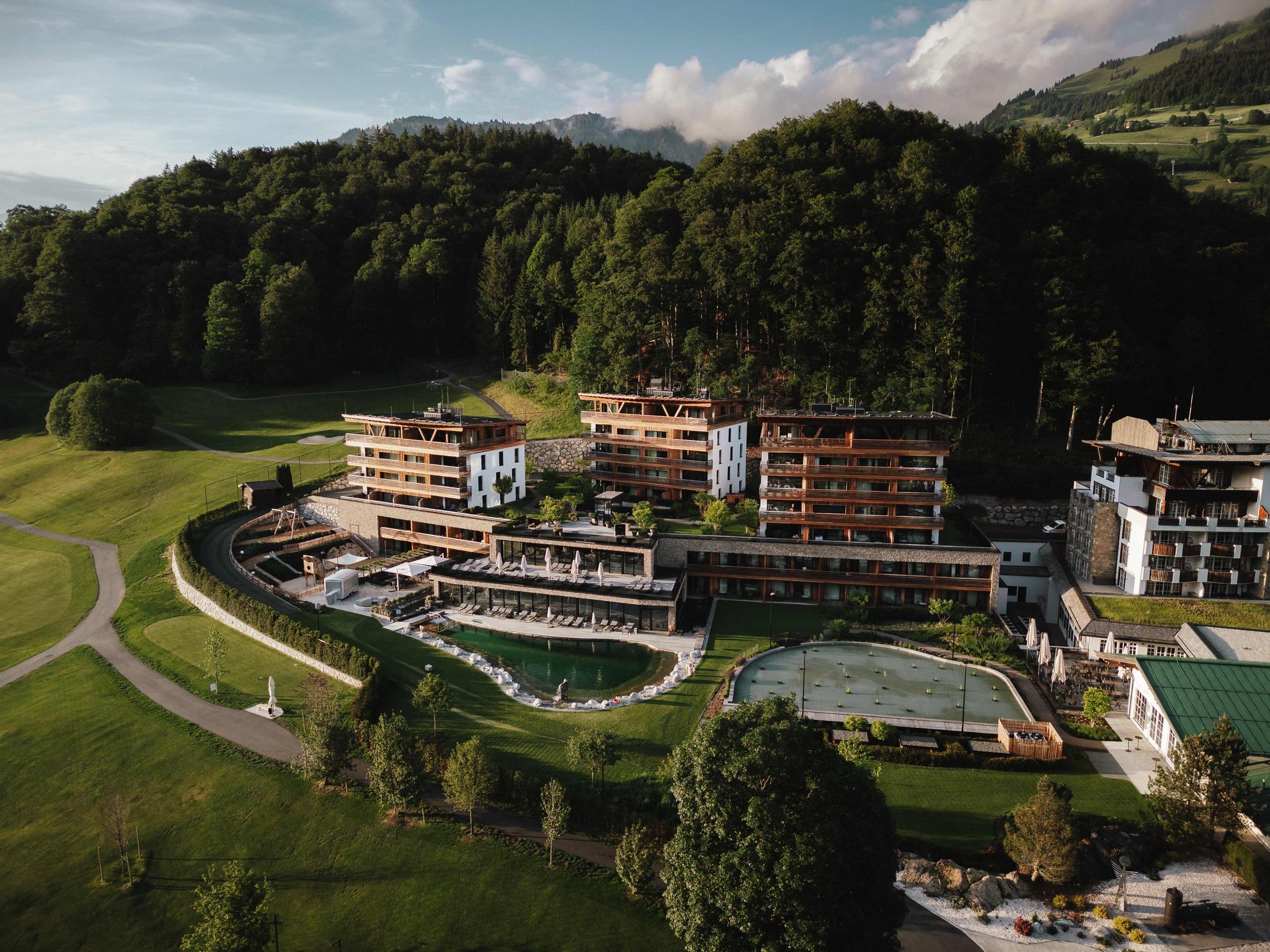 Aerial view of the resort and the surrounding hillside, Grand Tirolia Kitzbuhel