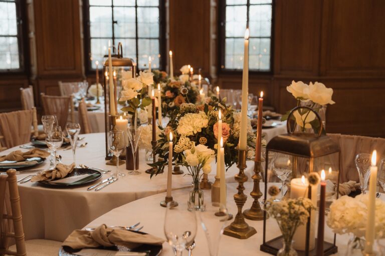 Candlelit wedding table with flowers in the Boardroom, The Grand Hotel & Spa York