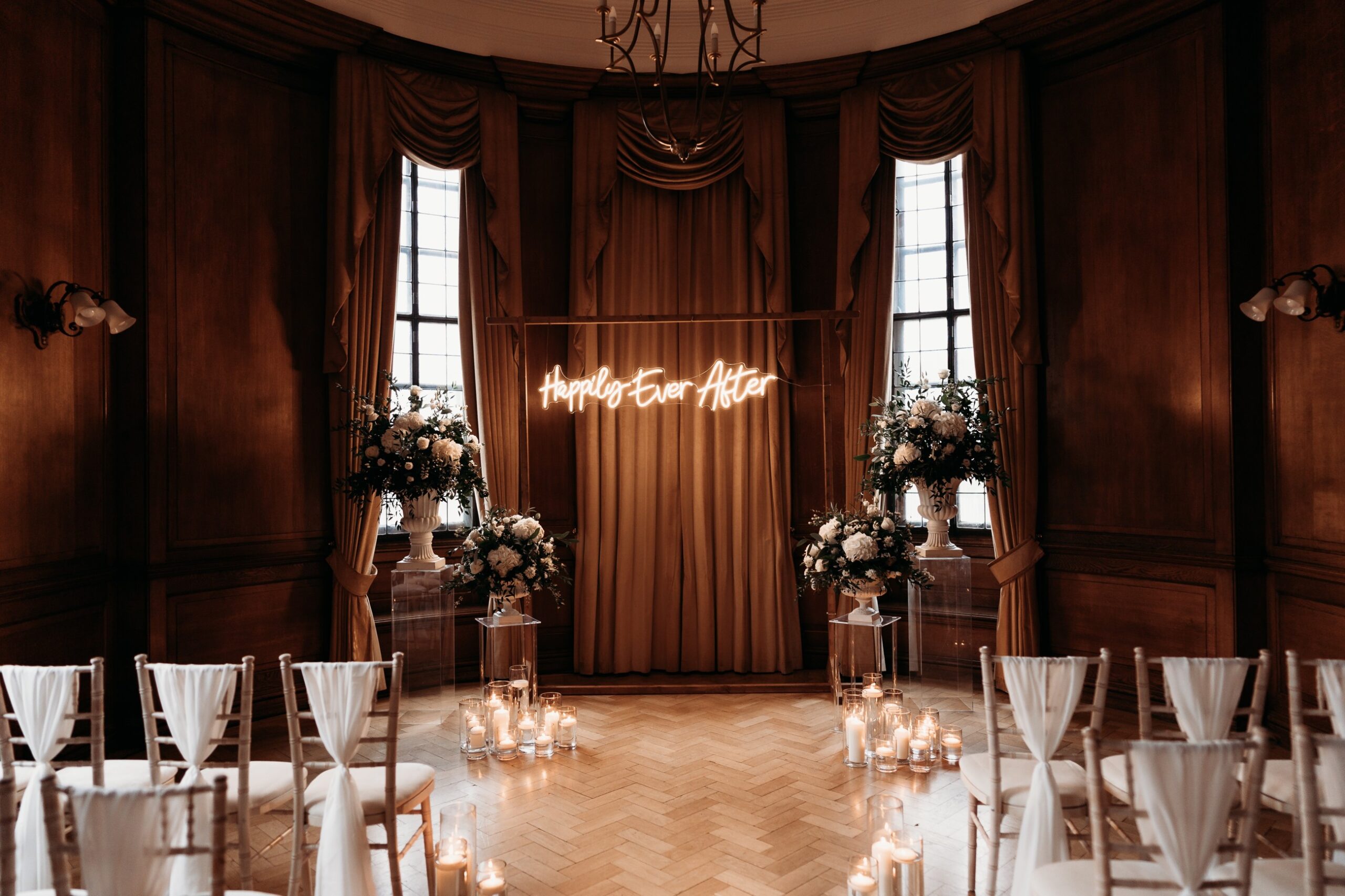 Couple in the panelled Grand Boardroom set for a ceremony, The Grand Hotel & Spa York