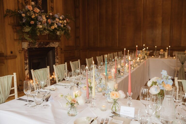 Wedding table details with flowers and candles, The Grand Hotel & Spa York