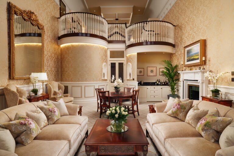 The double-height living room of the Royal Suite, with the mezzanine above, Grantley Hall