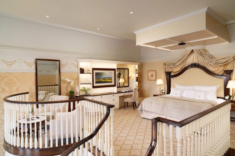 The Royal Suite bedroom on its mezzanine level, Grantley Hall