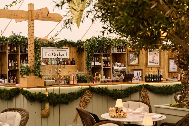 The Orchard bar, an indoor-to-outdoor space used for drinks after the ceremony, Grantley Hall