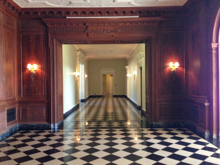 The black-and-white checkerboard corridor inside the mansion, Greystone Mansion