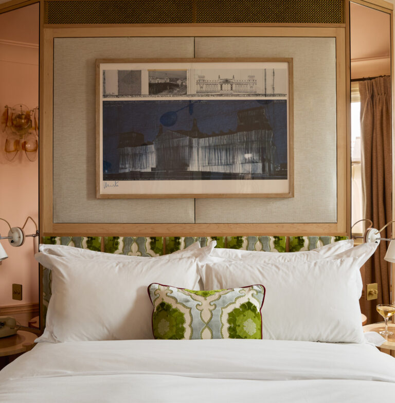 The Groucho Club, A bedroom bed with its headboard artwork