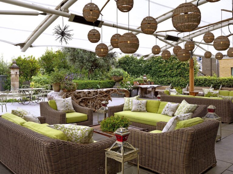 The roof terrace by day, under woven lanterns, Ham Yard Hotel