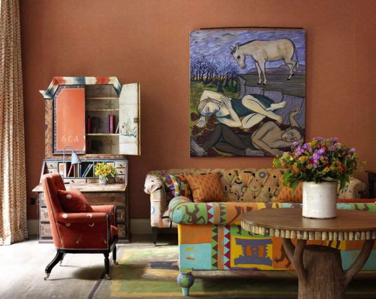 A drawing room with a painted wall panel, Ham Yard Hotel