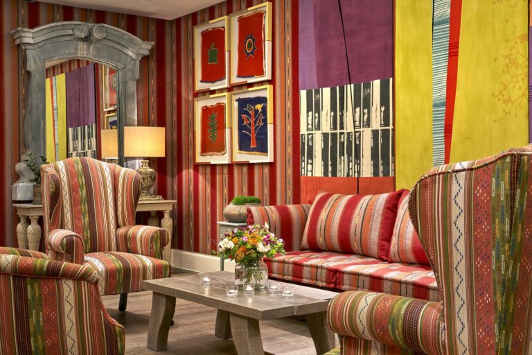 The Sherwood Room, a private room with striped upholstery, Ham Yard Hotel