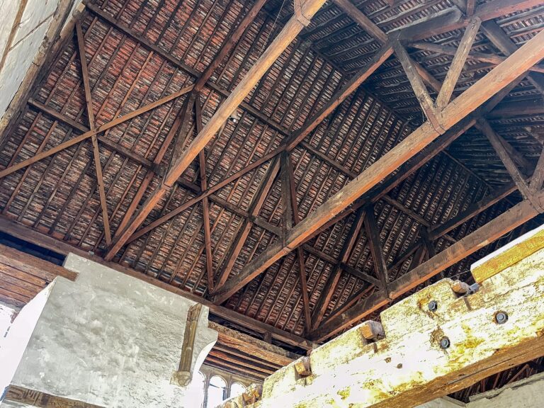 The Great Hall's medieval hammerbeam roof seen from below, Hampton Court Palace