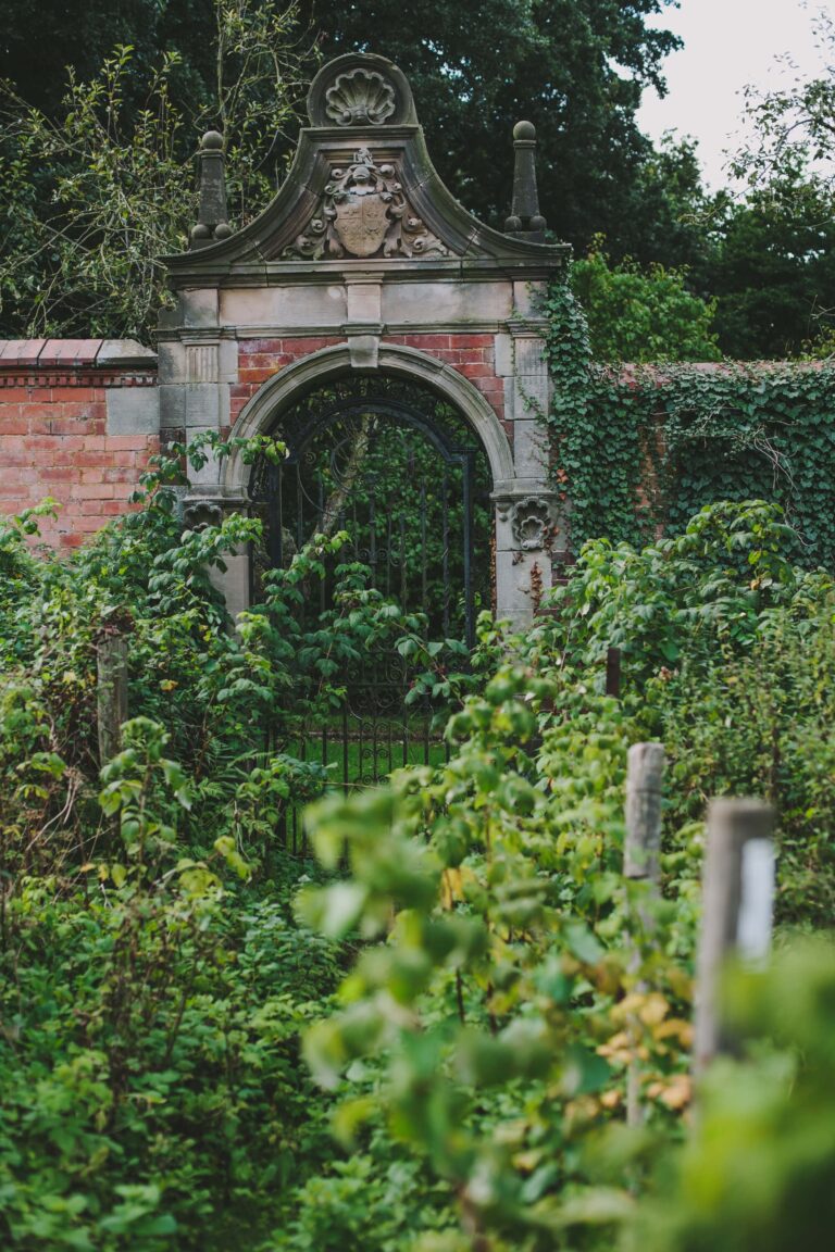 A weathered brick archway leading into the Victorian walled garden, thick with greenery, Hampton Manor
