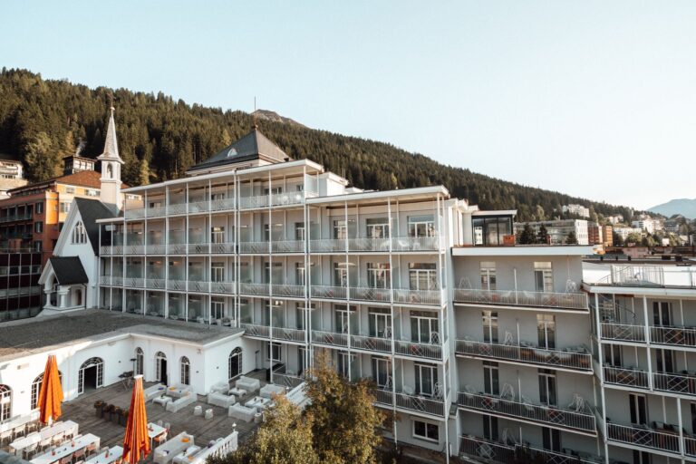 The hotel in the centre of Davos with the mountains behind, Hard Rock Hotel Davos
