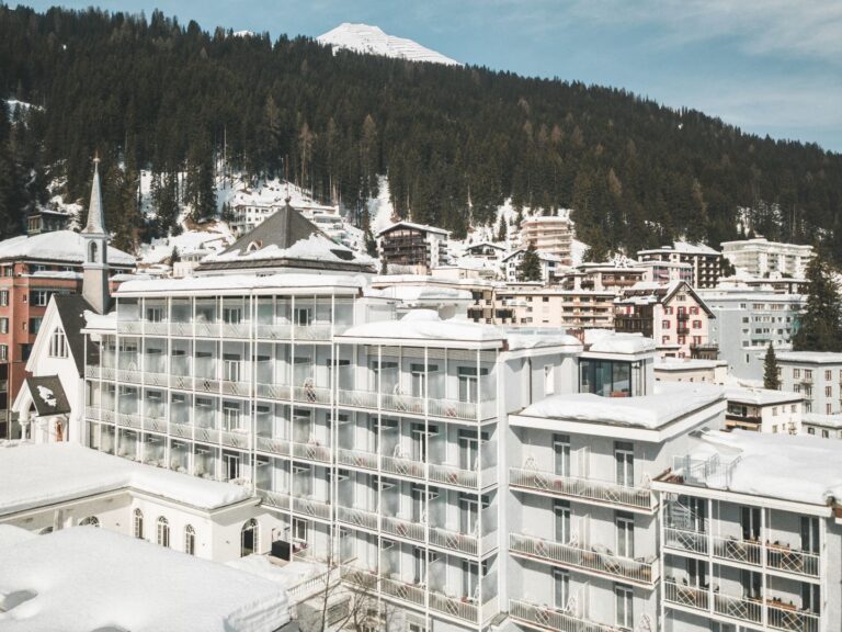 The hotel facade in the snow, Hard Rock Hotel Davos