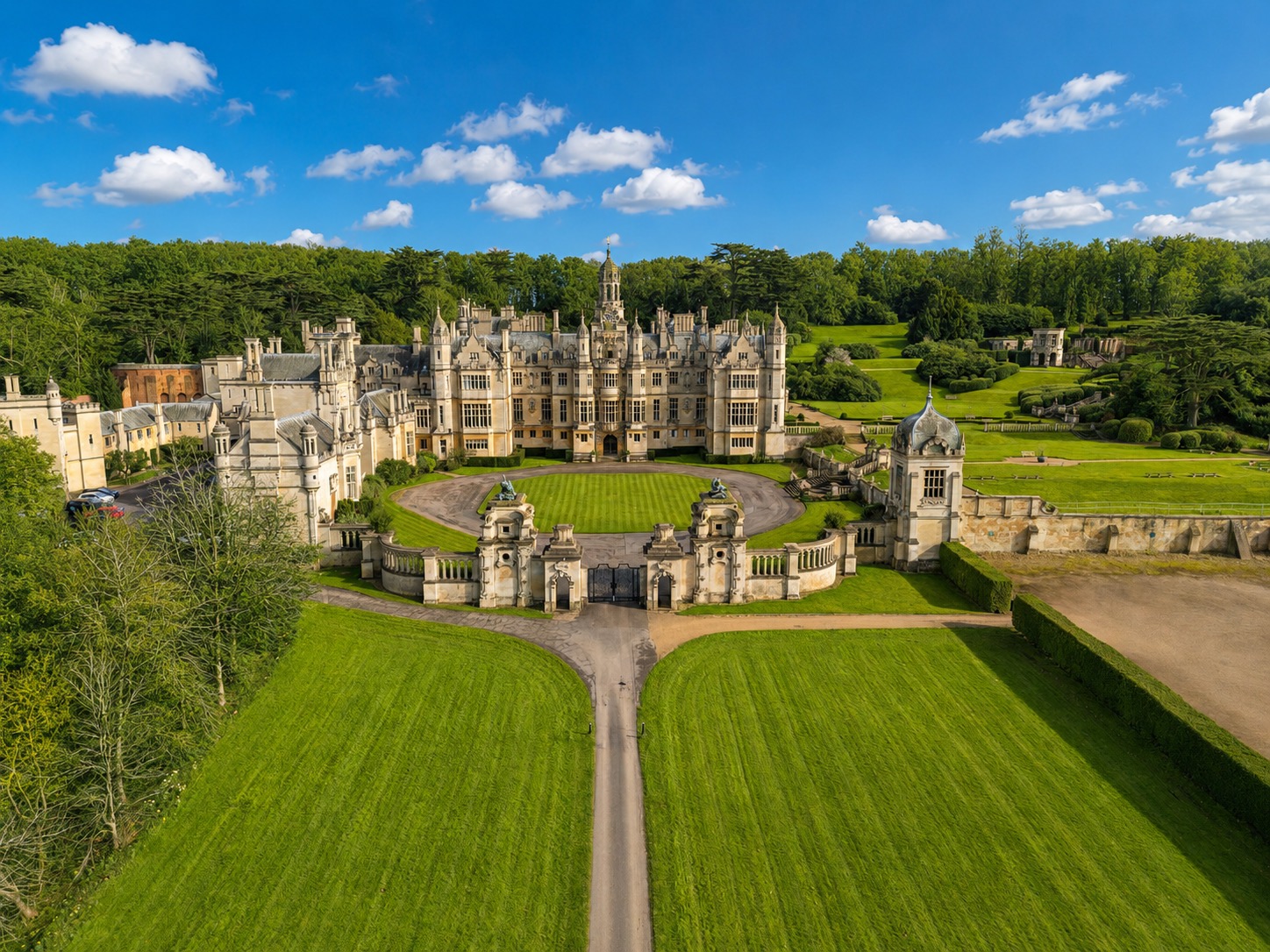 Aerial view of the entrance front, the oval forecourt lawn and the gatehouse, with the straight drive running out between mown lawns, Harlaxton Manor