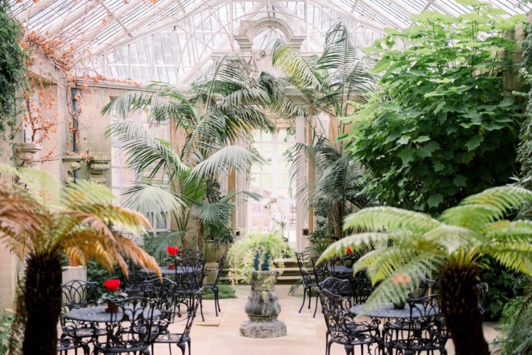 The conservatory with tree ferns, palms and wrought-iron tables beneath the glass roof, Harlaxton Manor