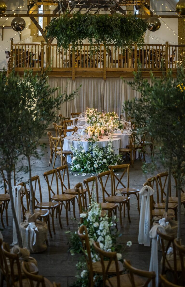 The Tithe Barn set for the wedding breakfast, Haselbury Mill