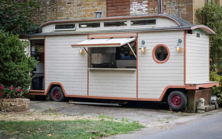 The vintage horsebox bar in the grounds, Haselbury Mill