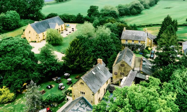 The hamstone estate from the air, in its Somerset valley, Haselbury Mill