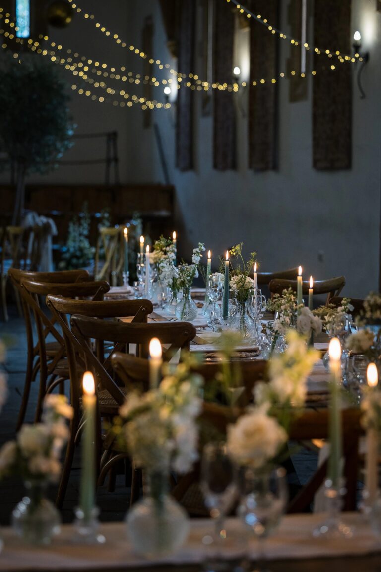 The Tithe Barn by night, under fairy lights, Haselbury Mill
