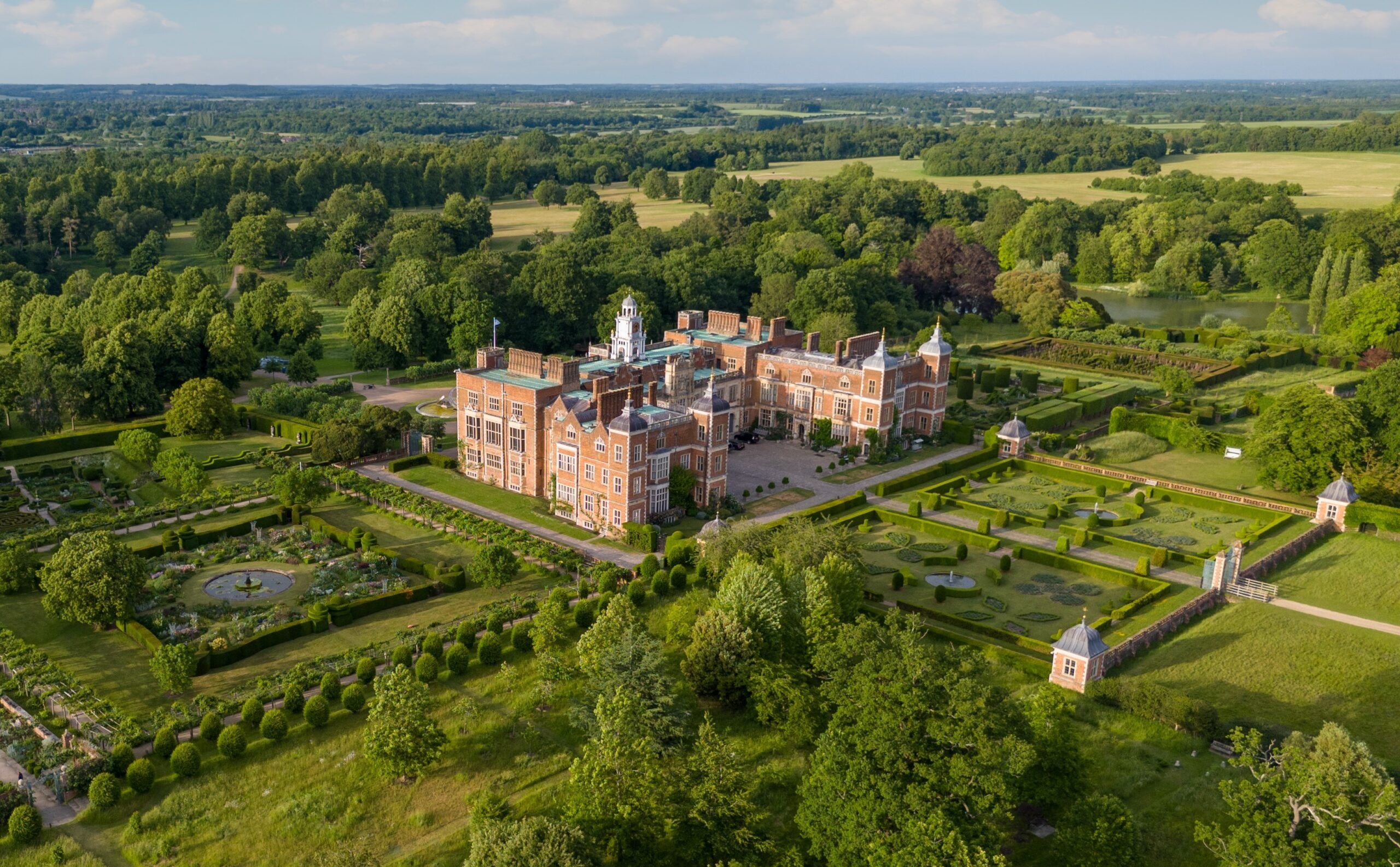 Aerial view of Hatfield House and its gardens, Hatfield House