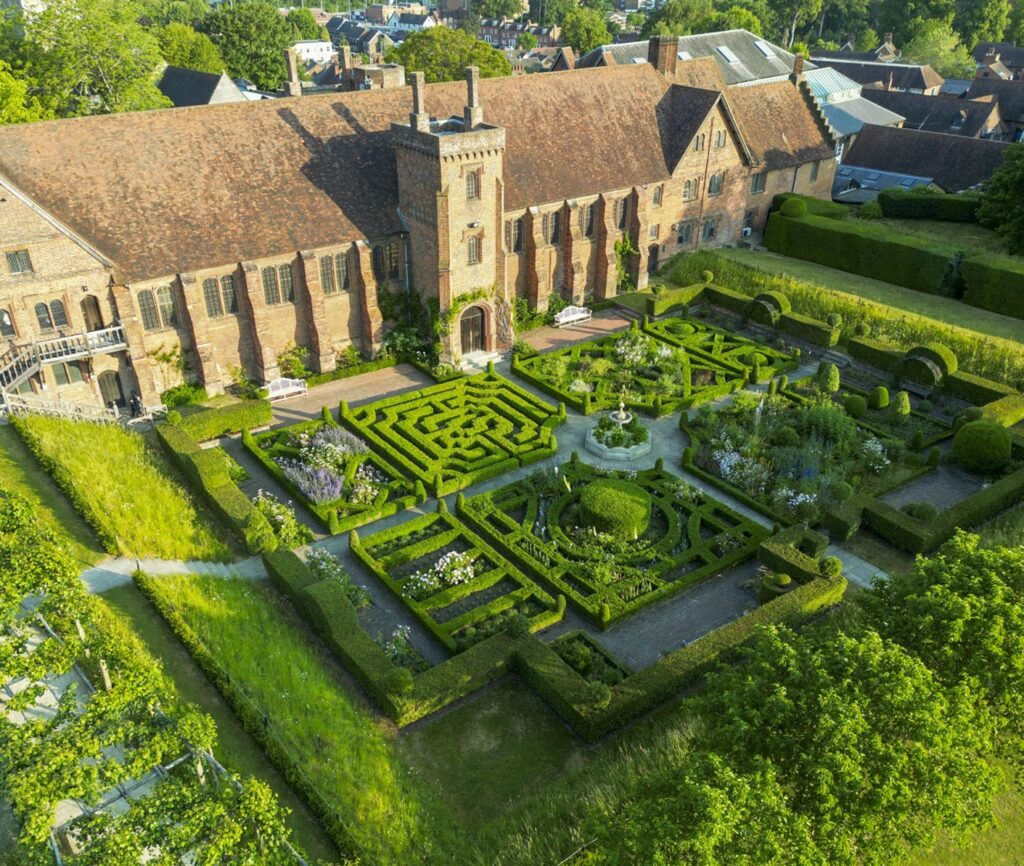 Aerial view of the Old Palace and its knot garden maze, Hatfield House